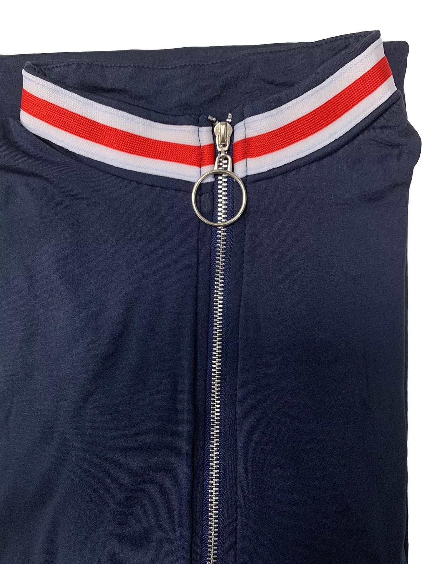 Navy blue jacket with a zipper and red and white striped band on a white background