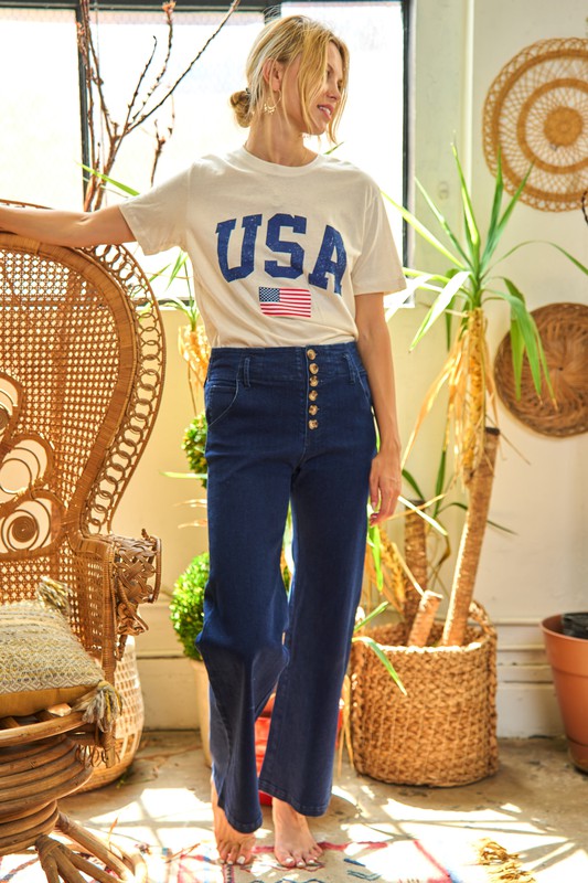 HIGH WAISTED BUTTON WIDE LEG JEANS for her