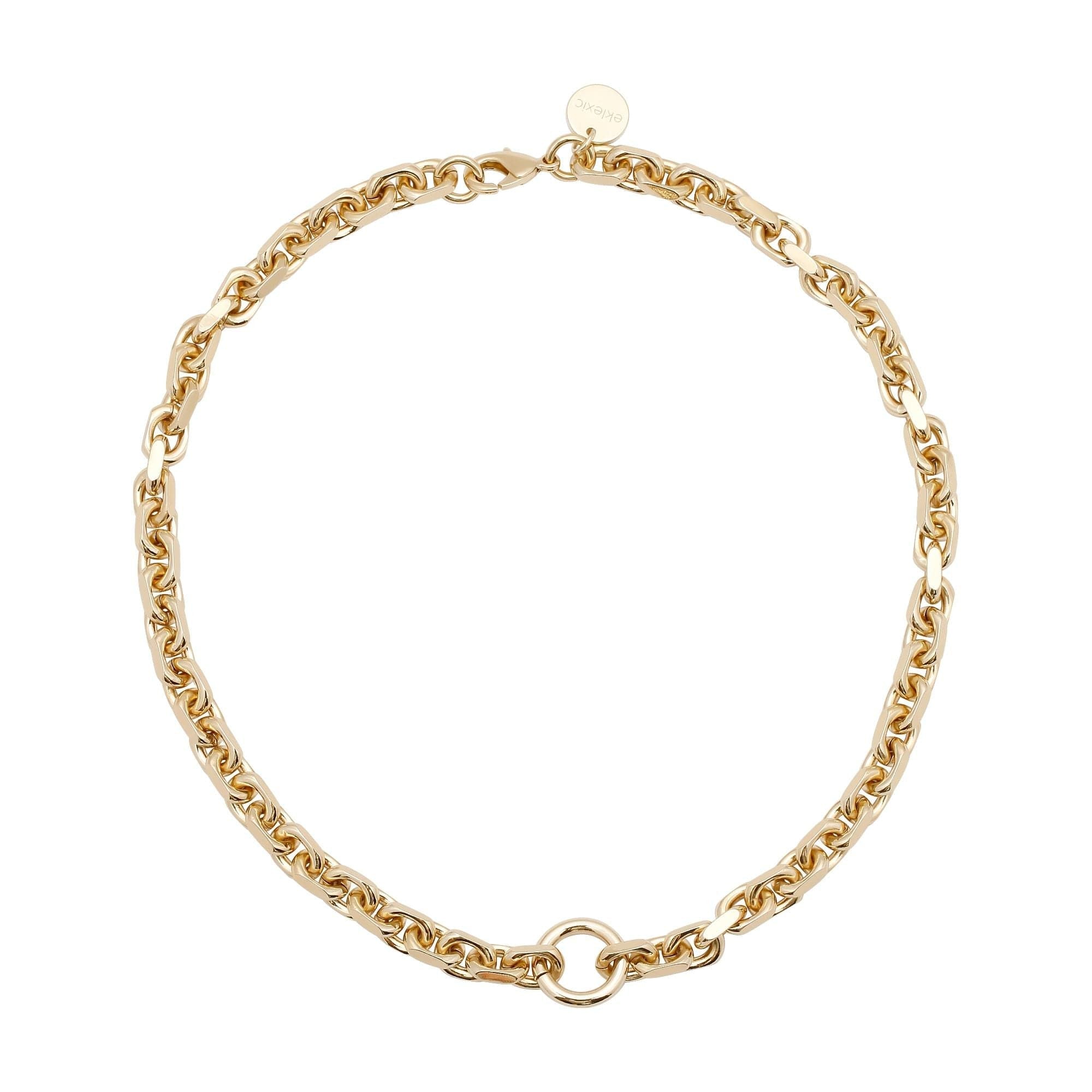 A gold-colored cable link chain necklace with a circle accent at the center and a secure lobster clasp.