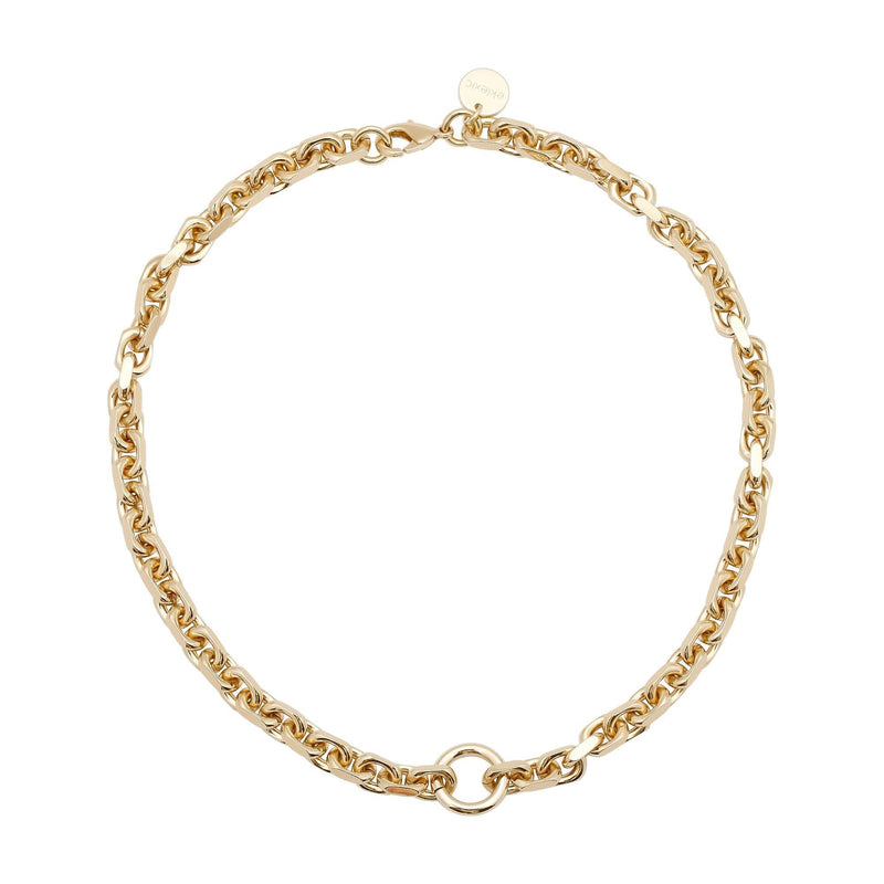 A gold-colored cable link chain necklace with a circle accent at the center and a secure lobster clasp.