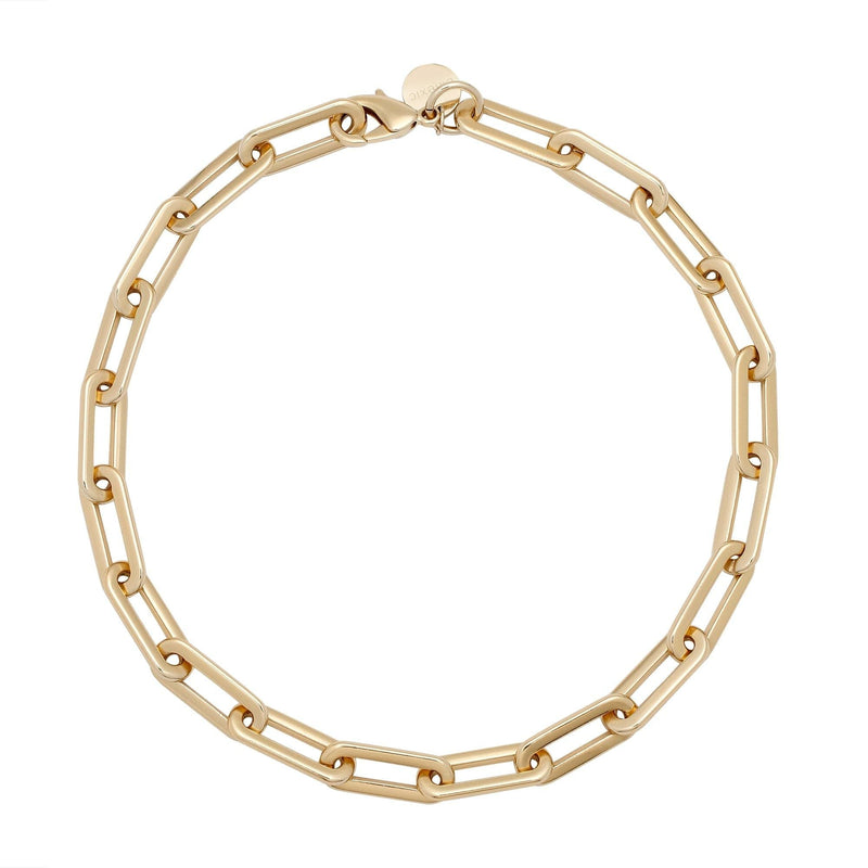 A gold-colored paperclip link chain necklace with a lobster clasp closure.