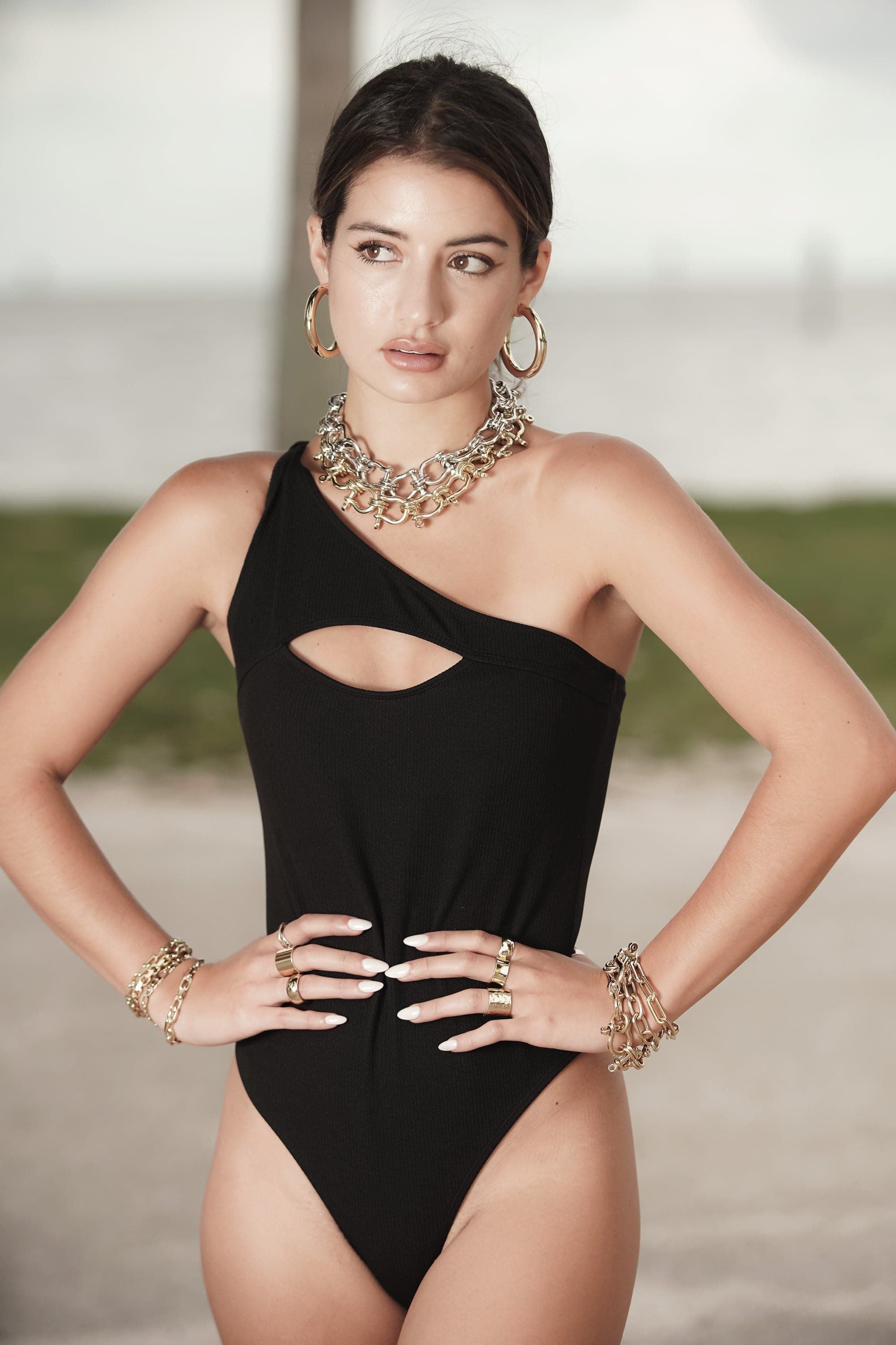 Model in black bodysuit wearing Harrison Necklace