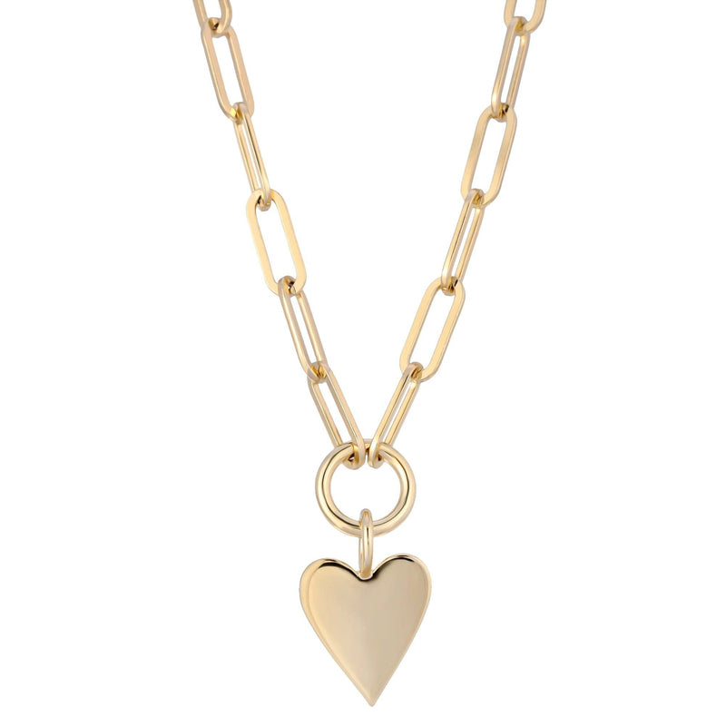 A gold-colored heart pendant necklace with a large elongated link chain.