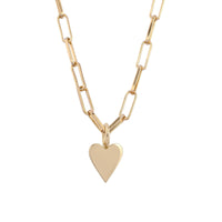 A gold-colored elongated link chain necklace with a heart-shaped charm pendant.