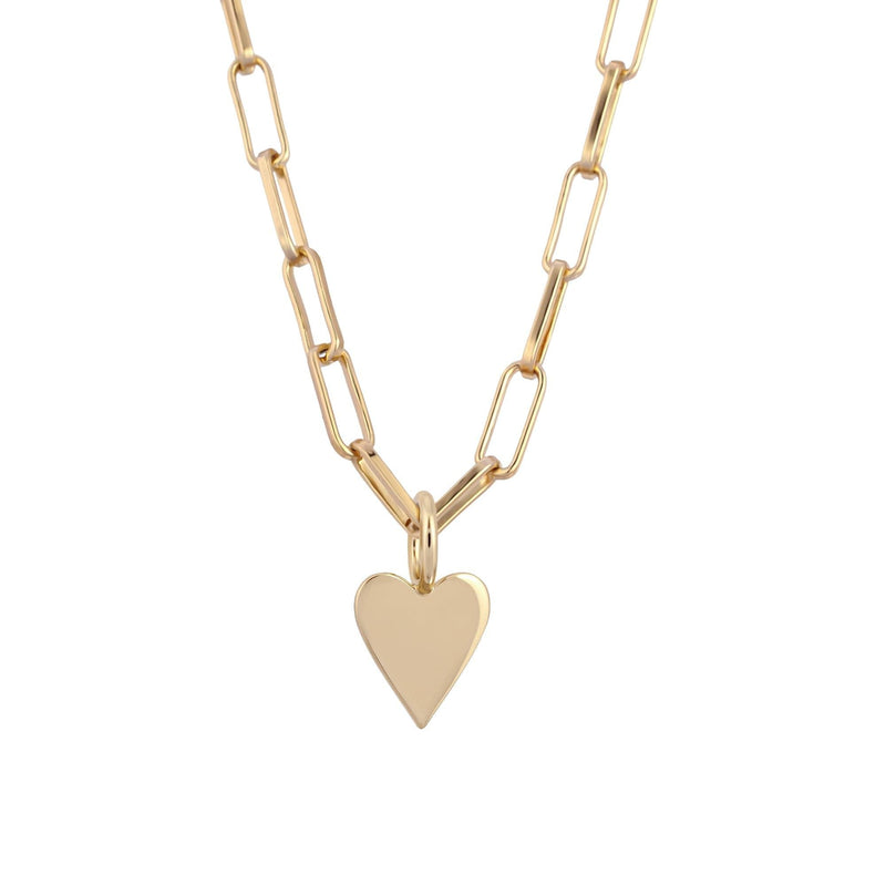 A gold-colored elongated link chain necklace with a heart-shaped charm pendant.