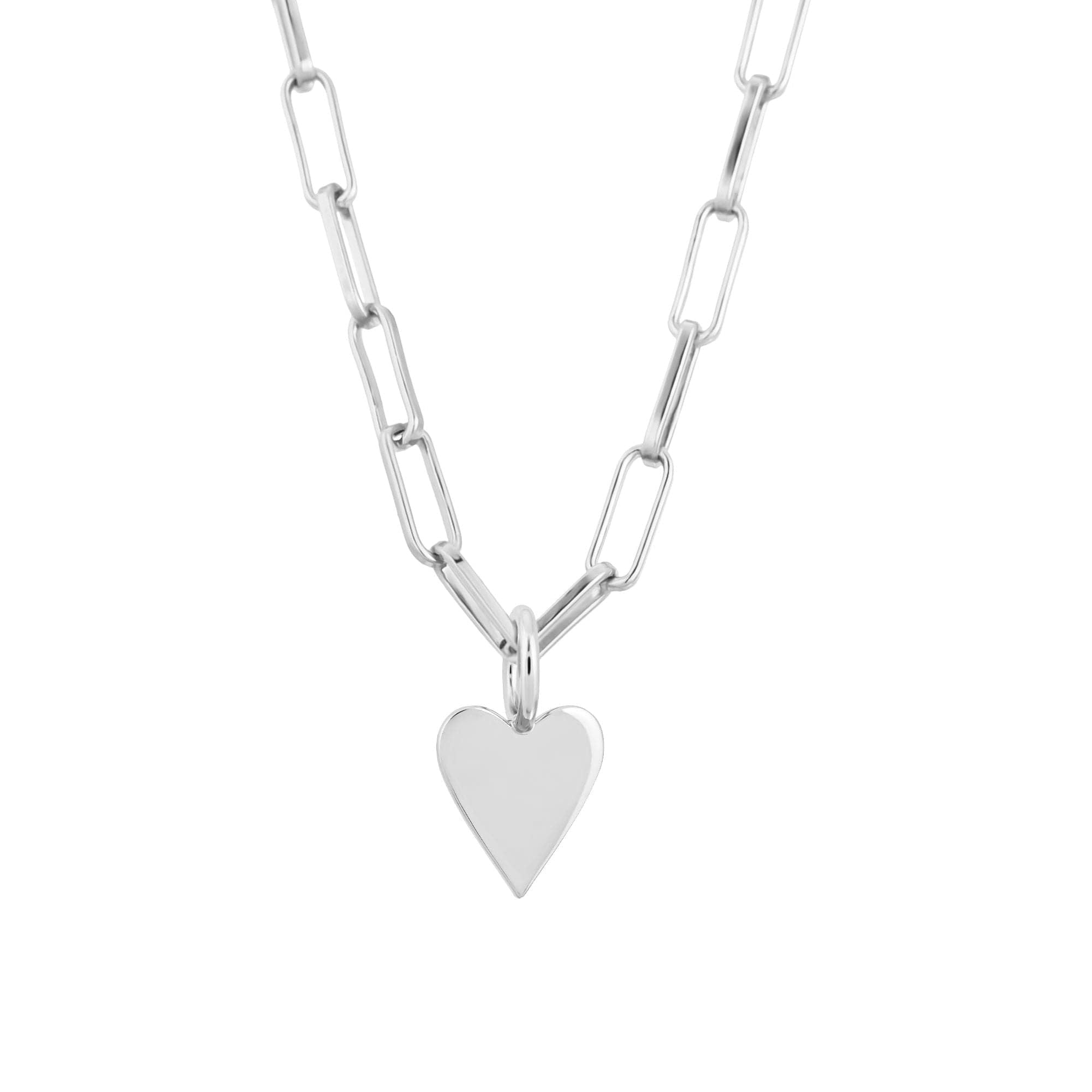 A gold-colored elongated link chain necklace with a heart-shaped charm pendant.