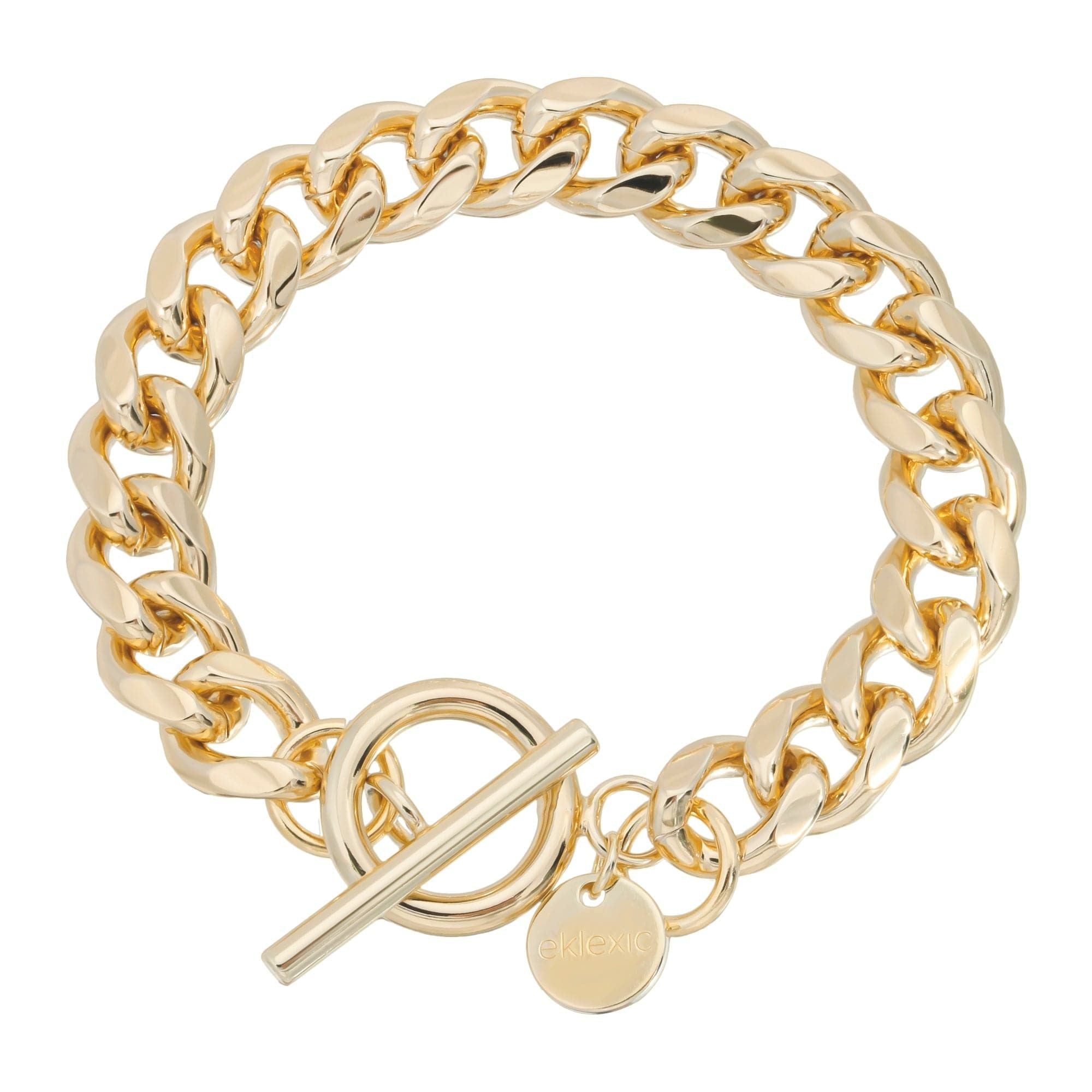 A gold-colored Cuban link chain bracelet with a toggle clasp.