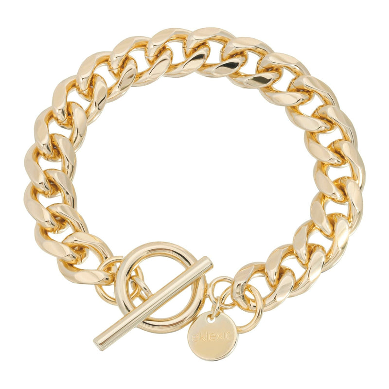 A gold-colored Cuban link chain bracelet with a toggle clasp.