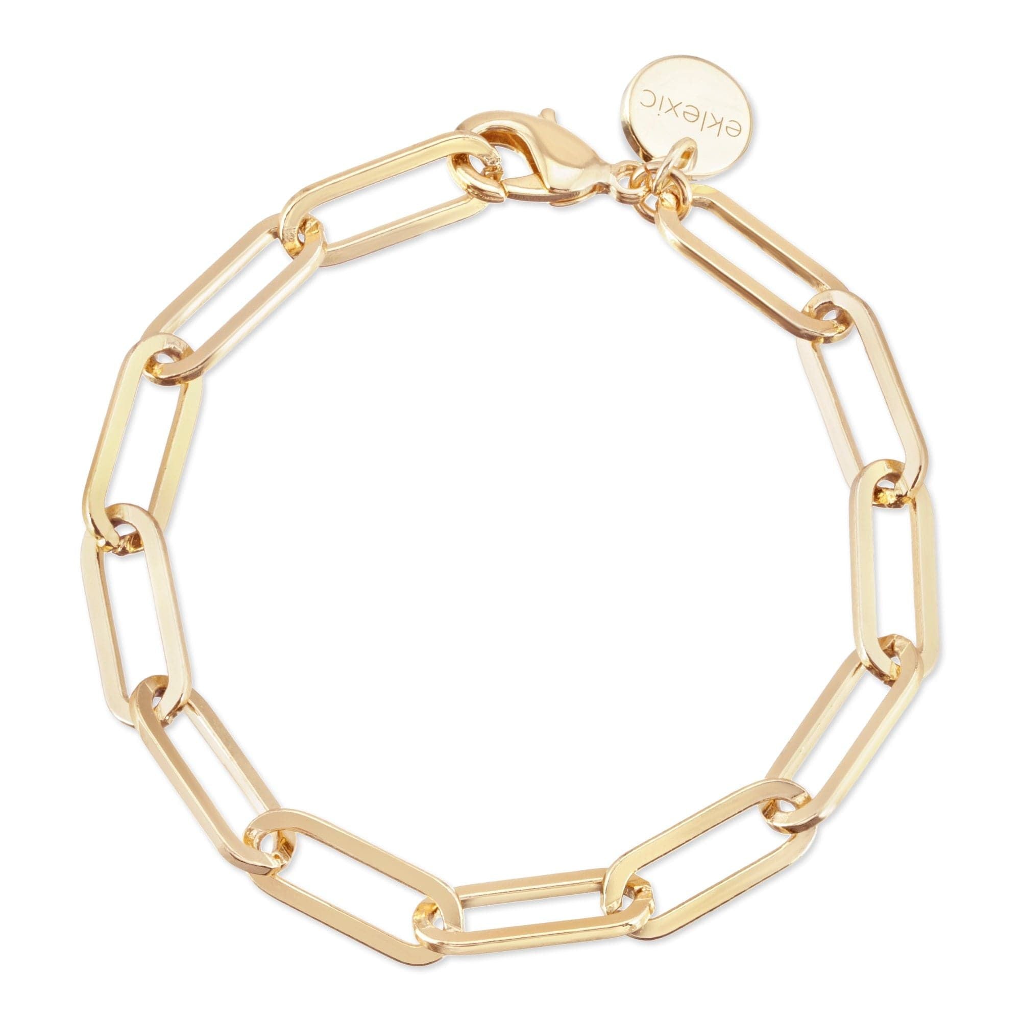 A gold-colored large elongated link chain bracelet with a shiny finish and a clasp.