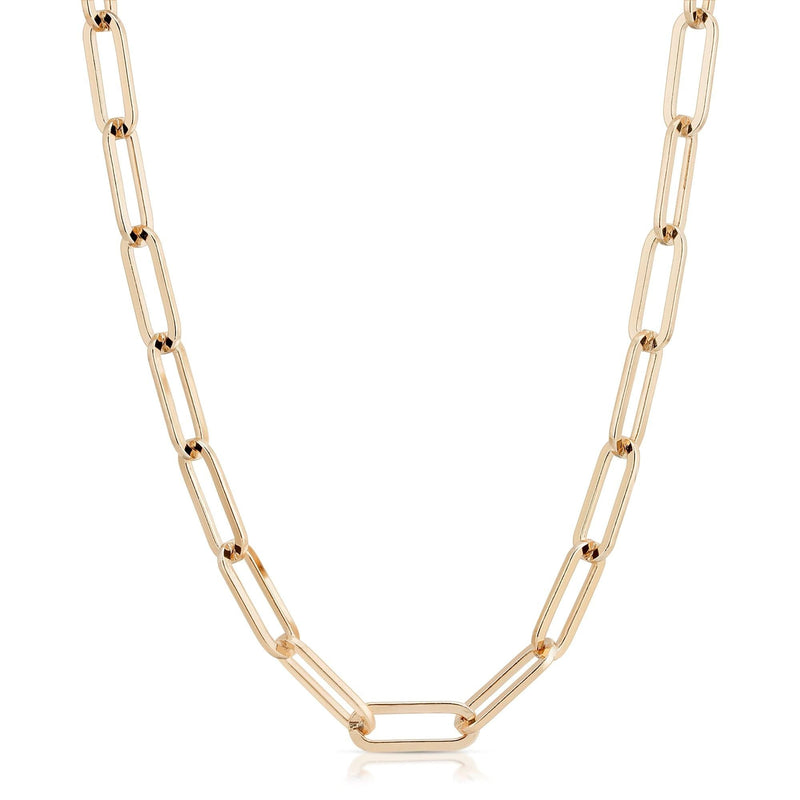 A gold-colored eyewear chain with large elongated links, displayed against a white background.