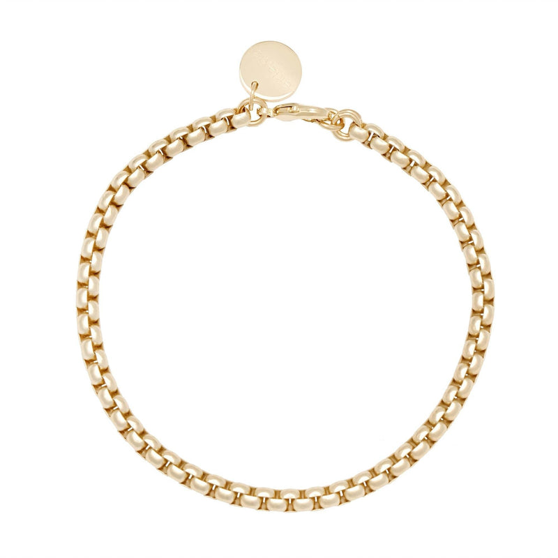 A gold-colored box chain bracelet with a sleek Lobster Clasp, crafted from recycled brass with a protective coating.