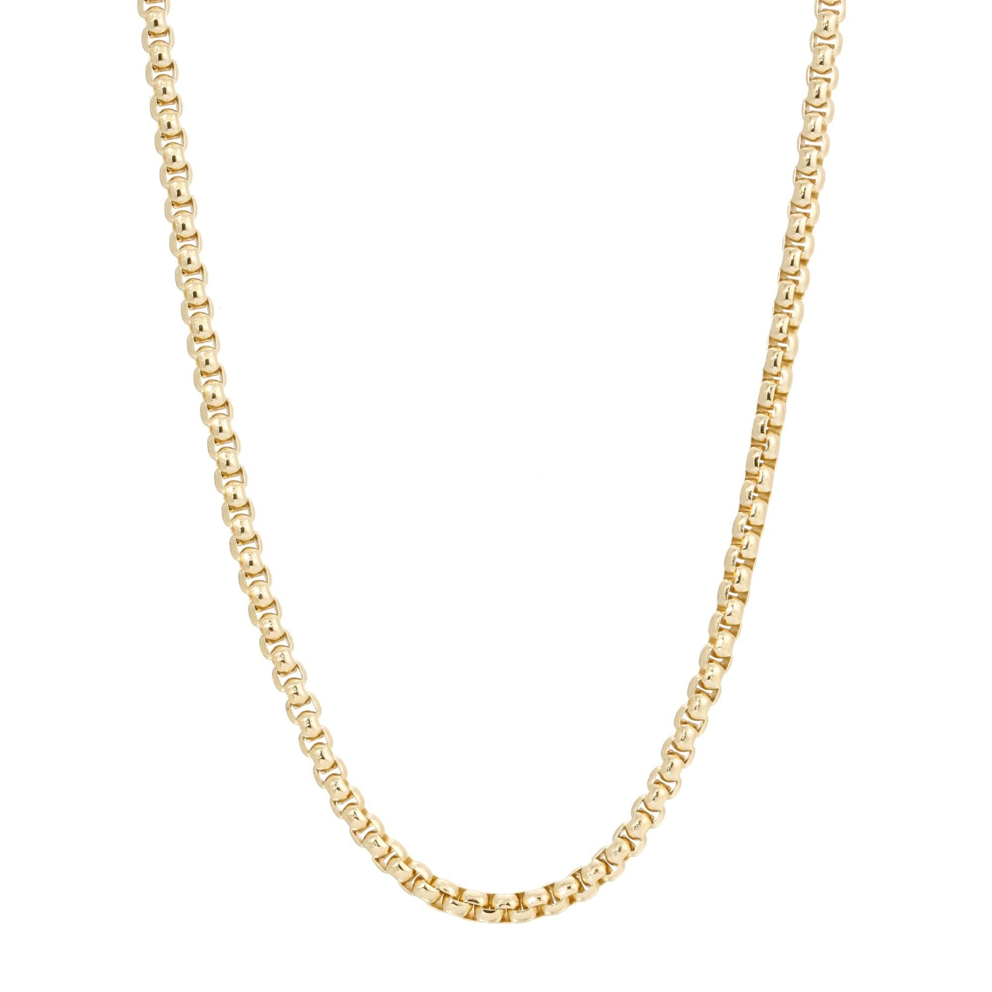 A gold-colored box chain necklace with a sleek 12mm lobster clasp.
