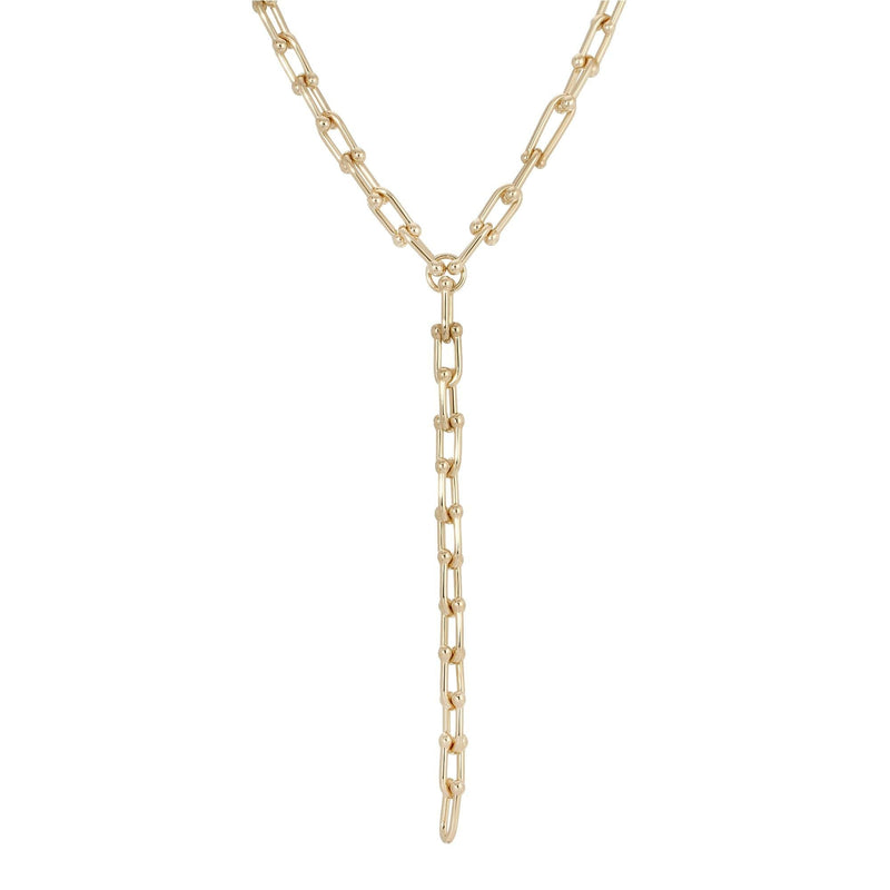 A gold-colored lariat necklace with a custom U link chain and clasp, displayed against a white background.