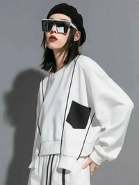 Marigold Shadows Hoodies, Sweaters & Sweatshirts Deekee Striped Pocket Sweatshirt - White