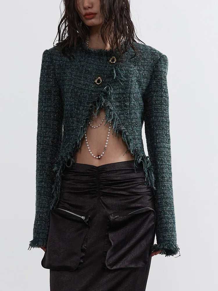 Close up front viw of Marriagie Frayed Tweed Jacket