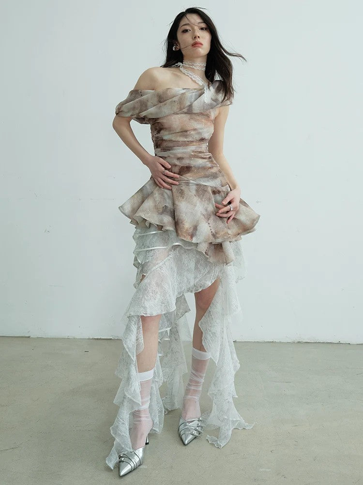 Marigold Shadows Shirts Cossett Irregular Ruffles Tube Top Skirt