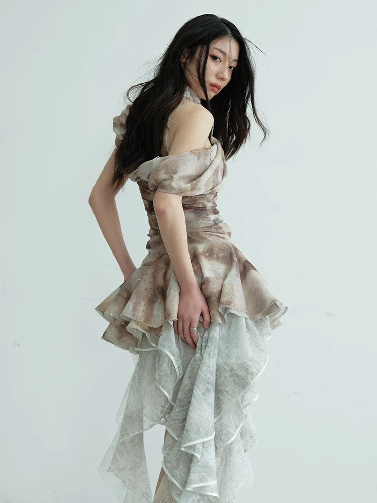 Marigold Shadows Shirts Cossett Irregular Ruffles Tube Top Skirt