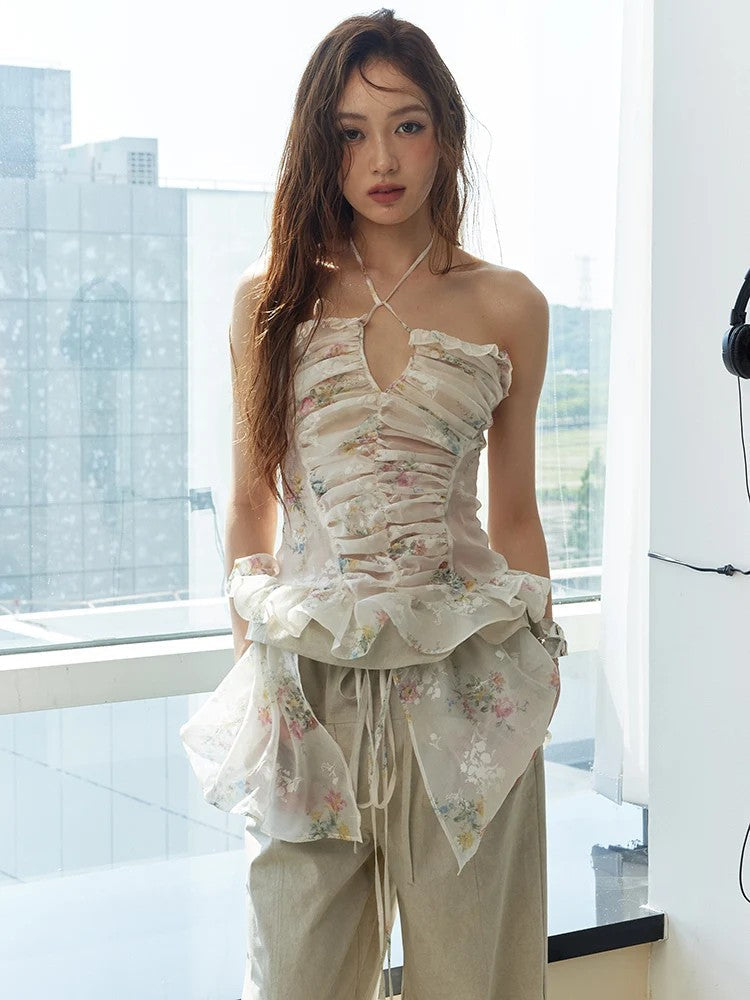 Marigold Shadows Shirts *** Hata Sheer Floral Halter