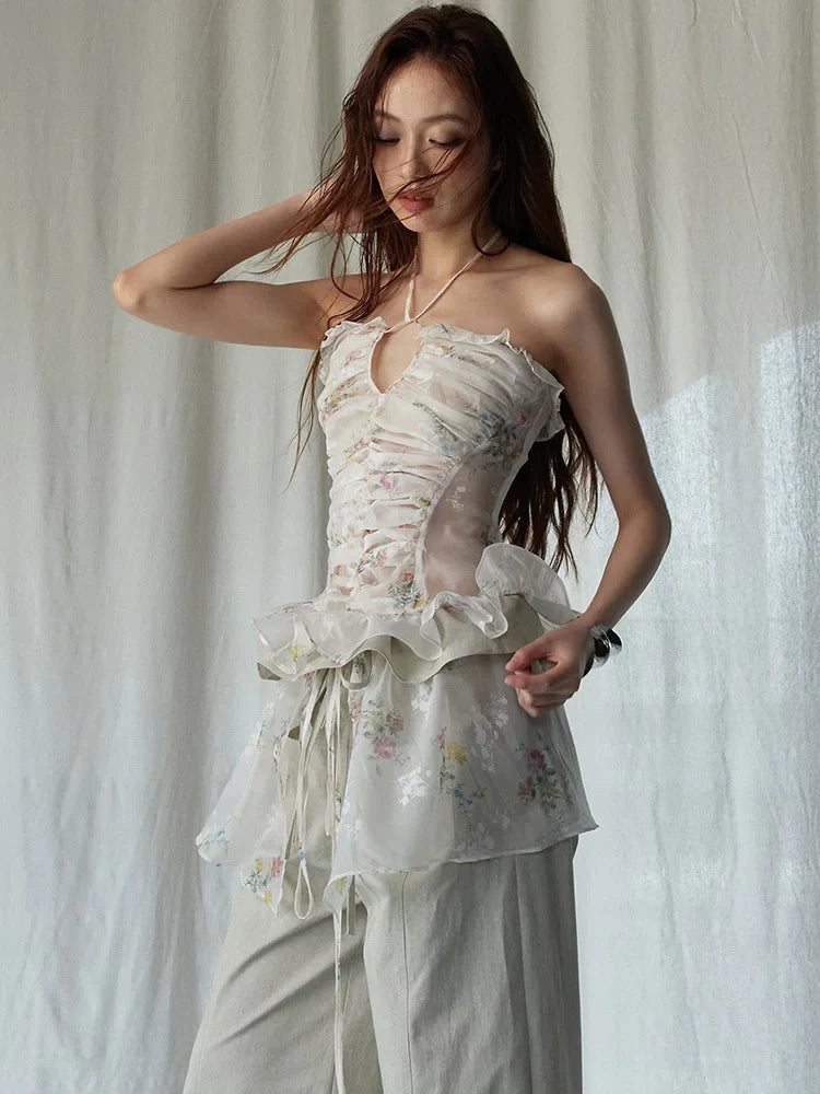 Marigold Shadows Shirts *** Hata Sheer Floral Halter