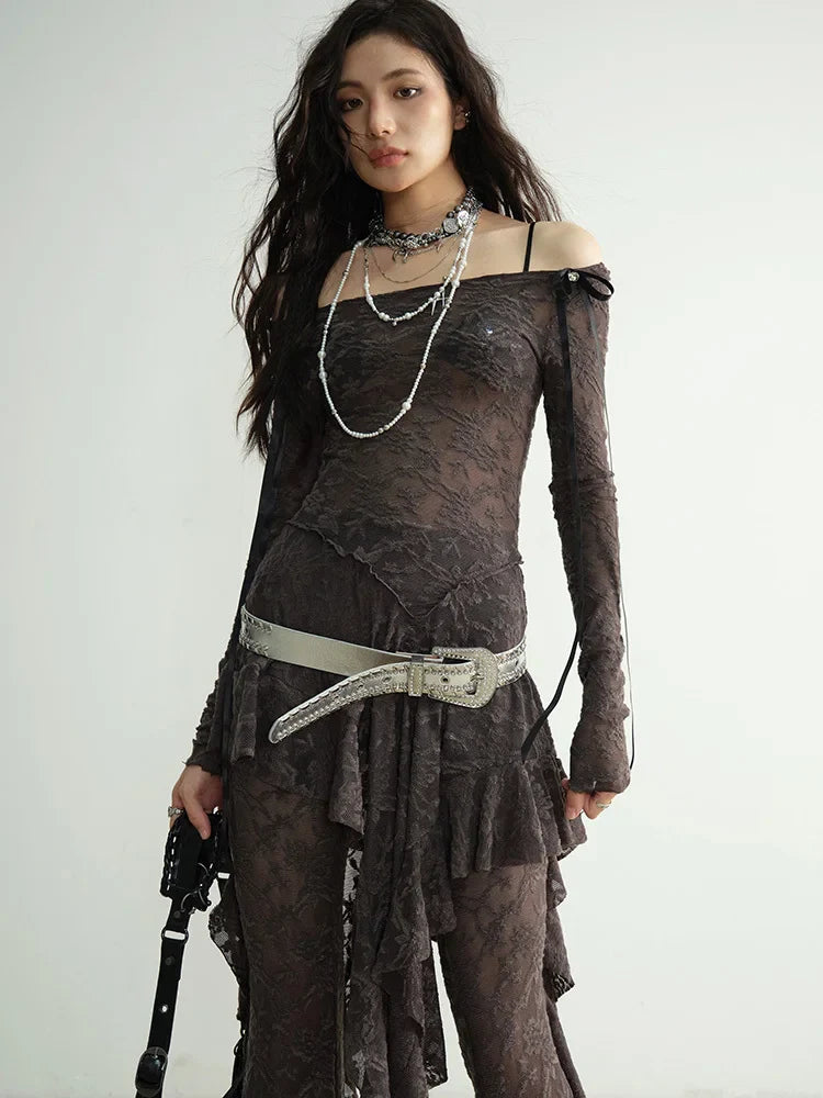 Marigold Shadows Shirts ***Mancaddi Sheer Lace Long Sleeve