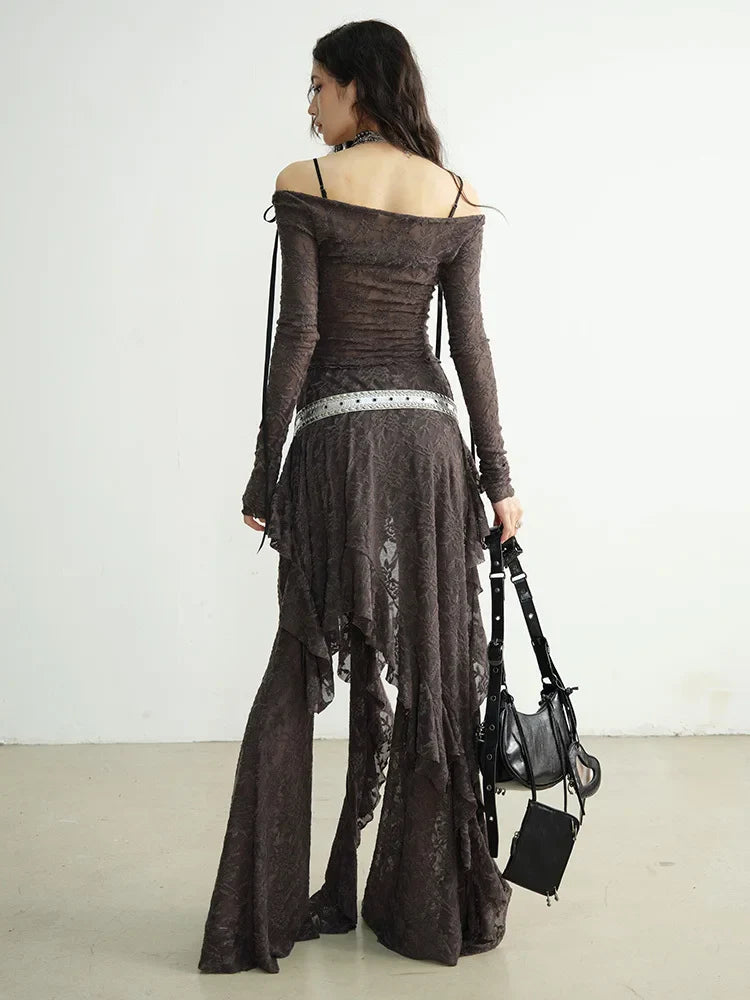 Marigold Shadows Shirts ***Mancaddi Sheer Lace Long Sleeve