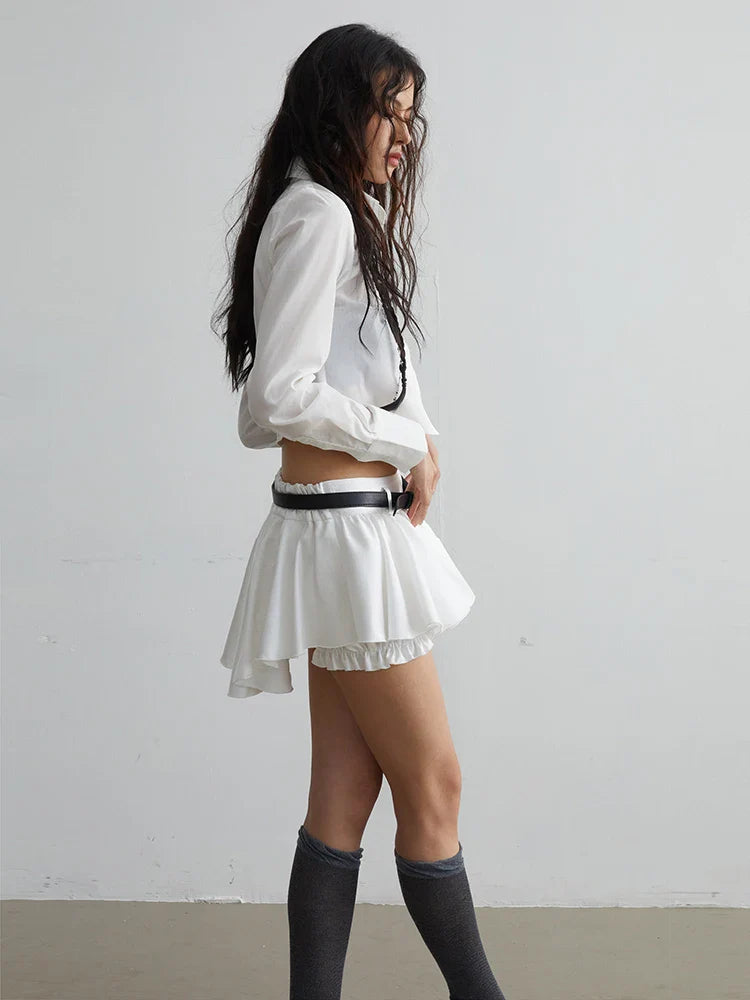 Model showing full view of Faroush Ruffle Mini Skirt