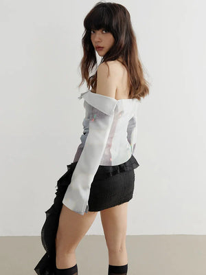 Side view of Manello Ruffle Mini Skirt