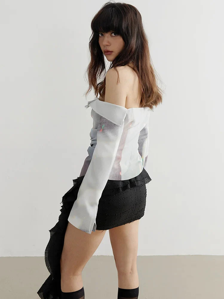 Side view of Manello Ruffle Mini Skirt