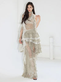 Marigold Shadows Skirts **Miecy Sheer Lace Maxi Skirt