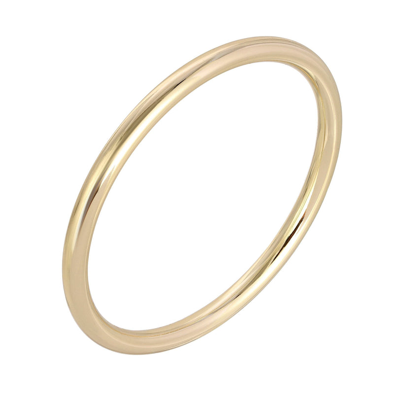 A polished gold-colored round bangle bracelet with a sleek, smooth finish.