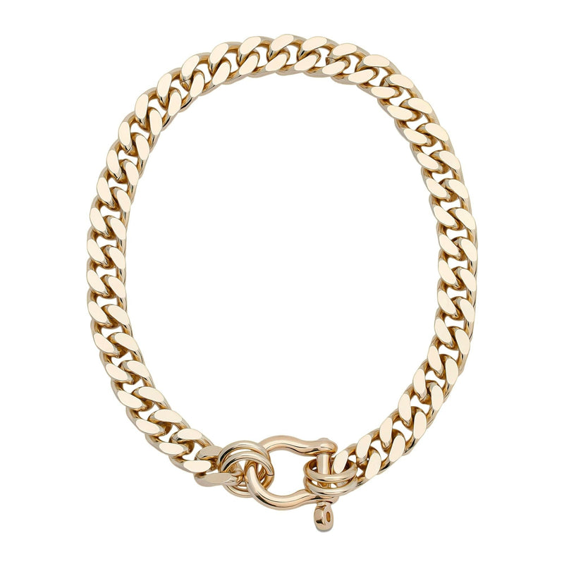 A gold-colored brass curb chain necklace with a horseshoe clasp.
