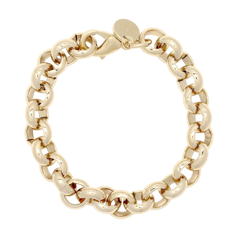 A gold-colored bracelet with a wide chain and a secure clasp, crafted from recycled brass.