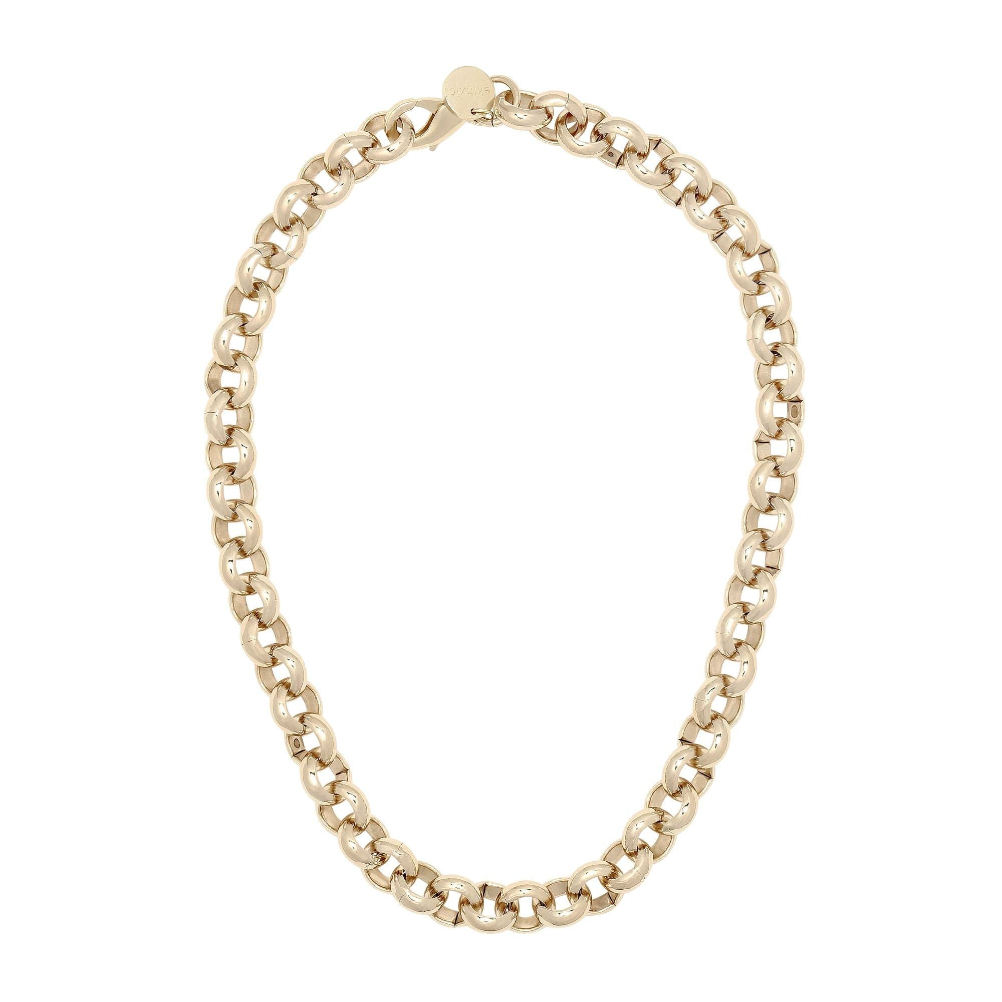 A gold-colored chunky rolo chain necklace with a horseshoe clasp.