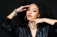 Model with silver rings and bracelet on with Royal Necklace around her neck