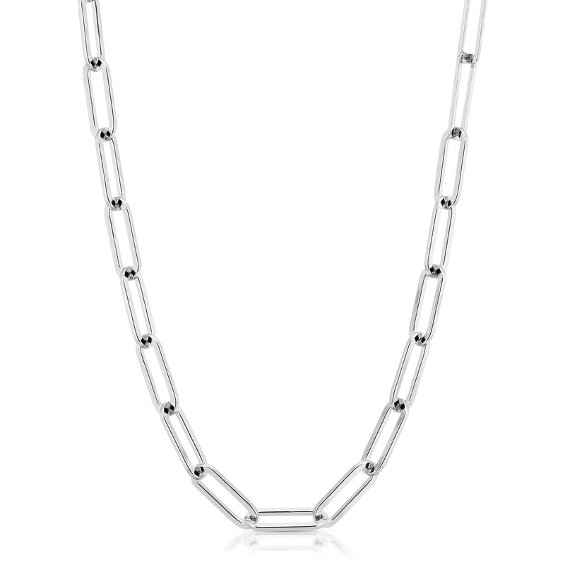 A silver large elongated link chain necklace with a clasp, displayed against a white background.