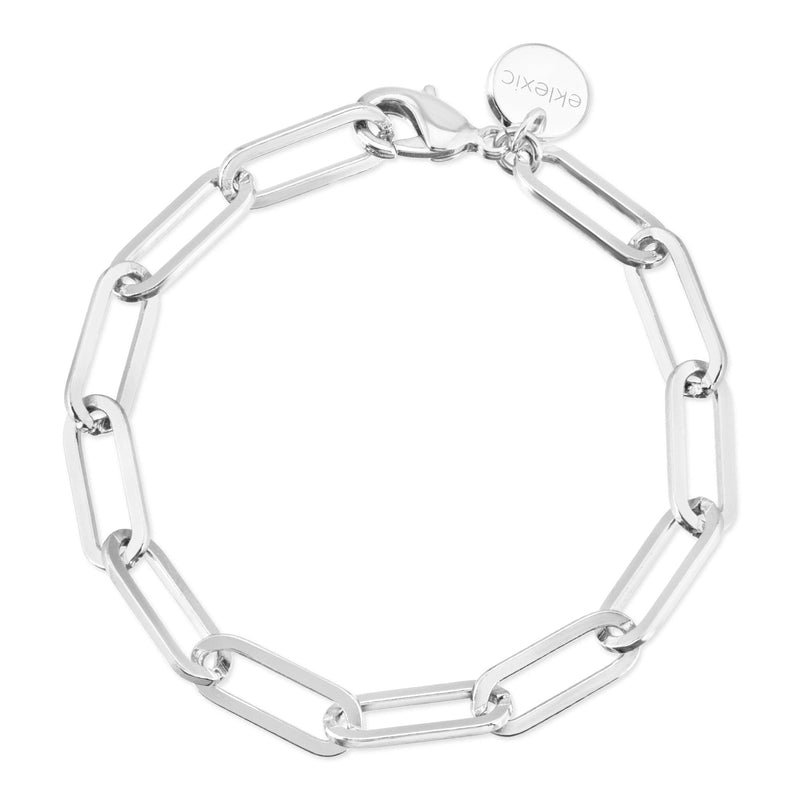 A silver large elongated link chain bracelet with a glossy finish, displayed against a white background.
