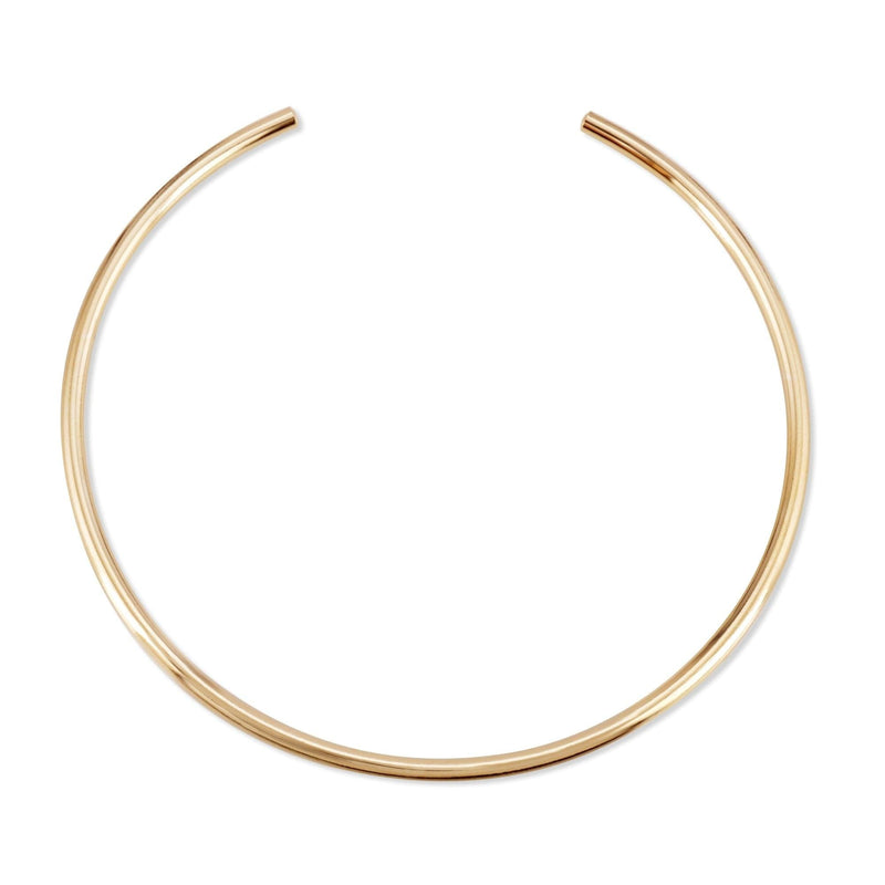 A simple round collar necklace made of gold-colored metal, displayed against a plain background.