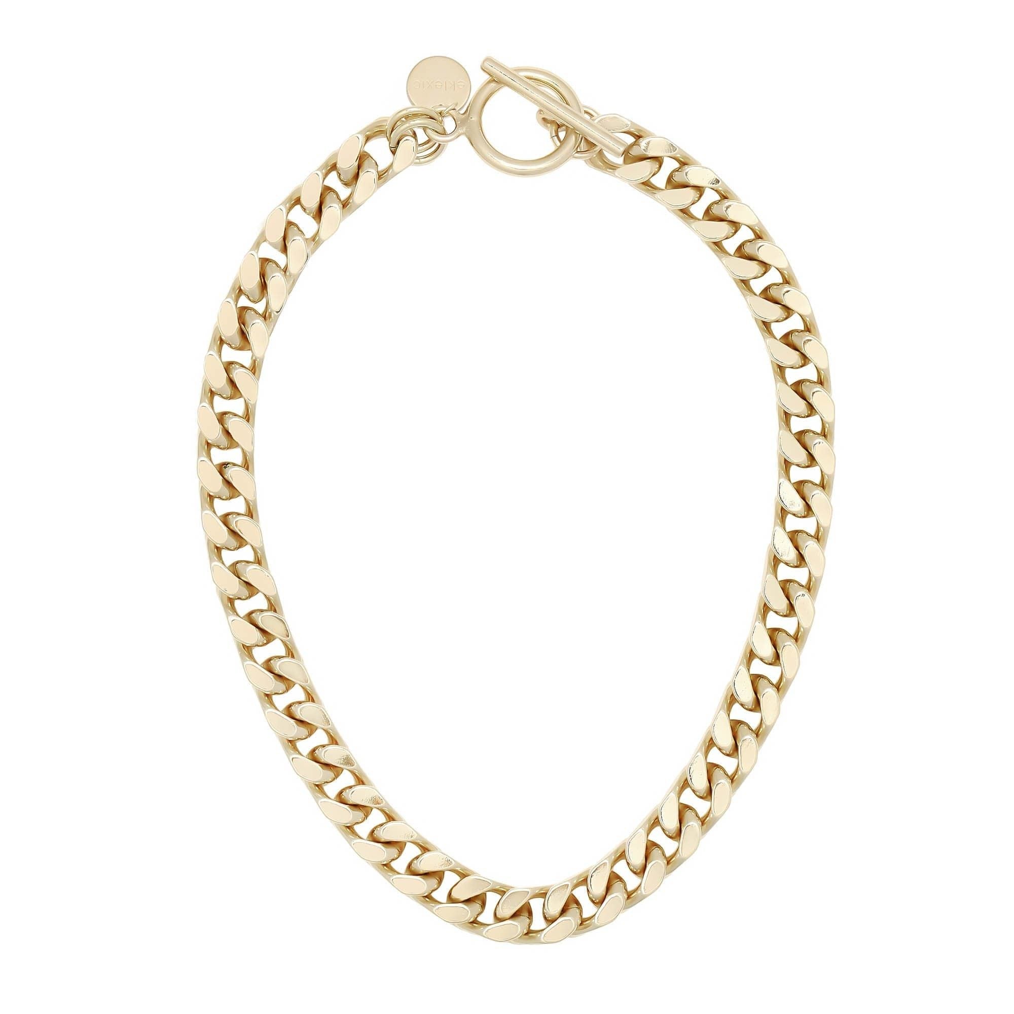 A gold-plated brass curb chain necklace with a distinctive horseshoe clasp.