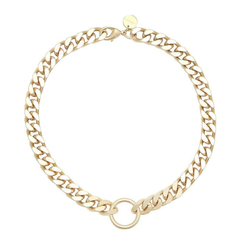 A gold-colored squared-off curb chain necklace with a round accent ring and a secure lobster clasp.
