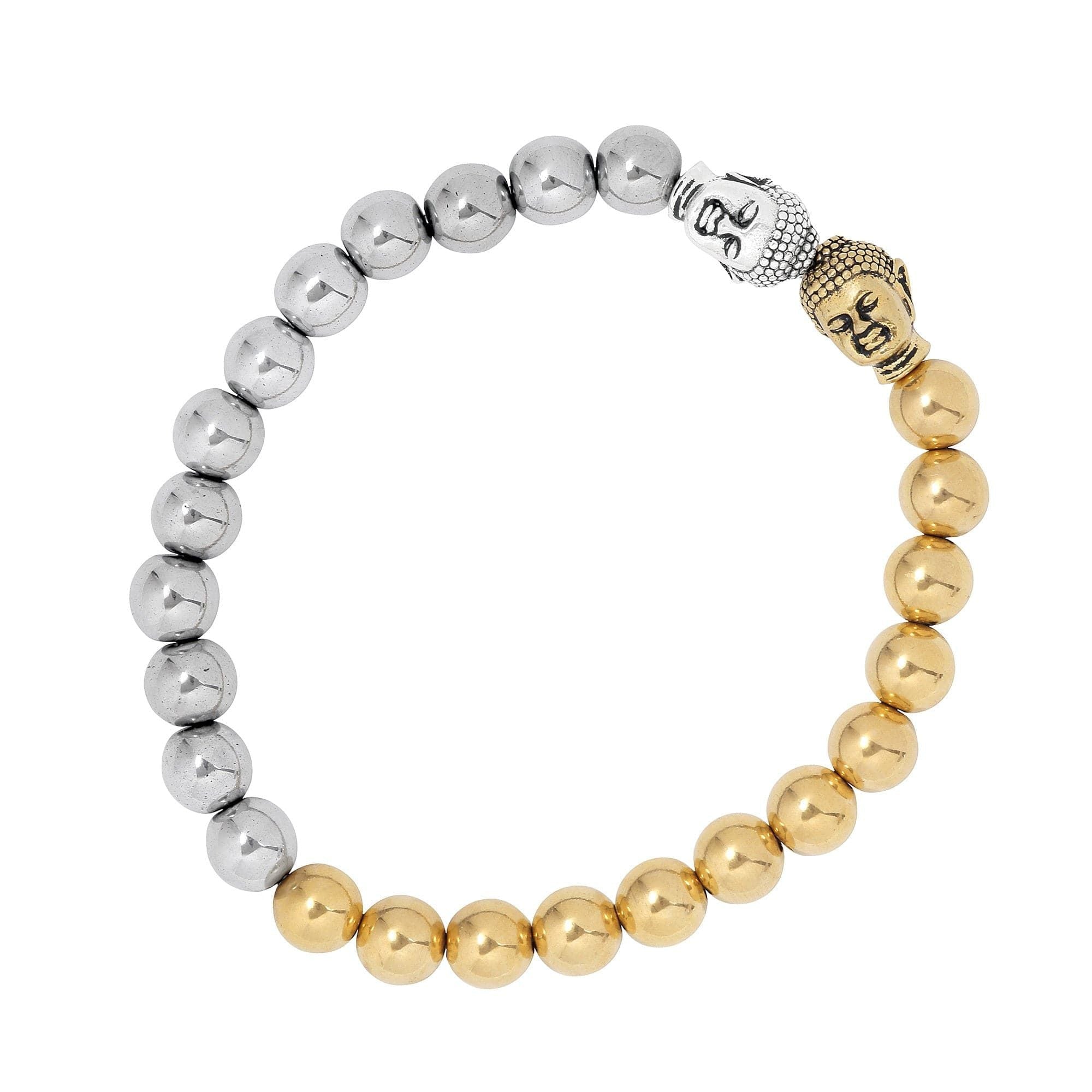A bracelet with a gold-plated Buddha charm and alternating silver and gold beads.