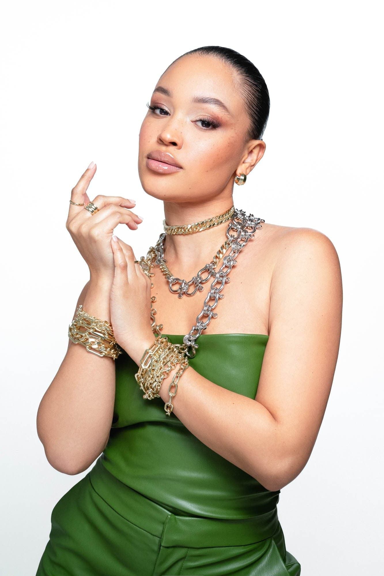 Woman wearing Two Toned Hendrick Necklace