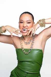 Woman showing Two Toned Hendrick Necklace