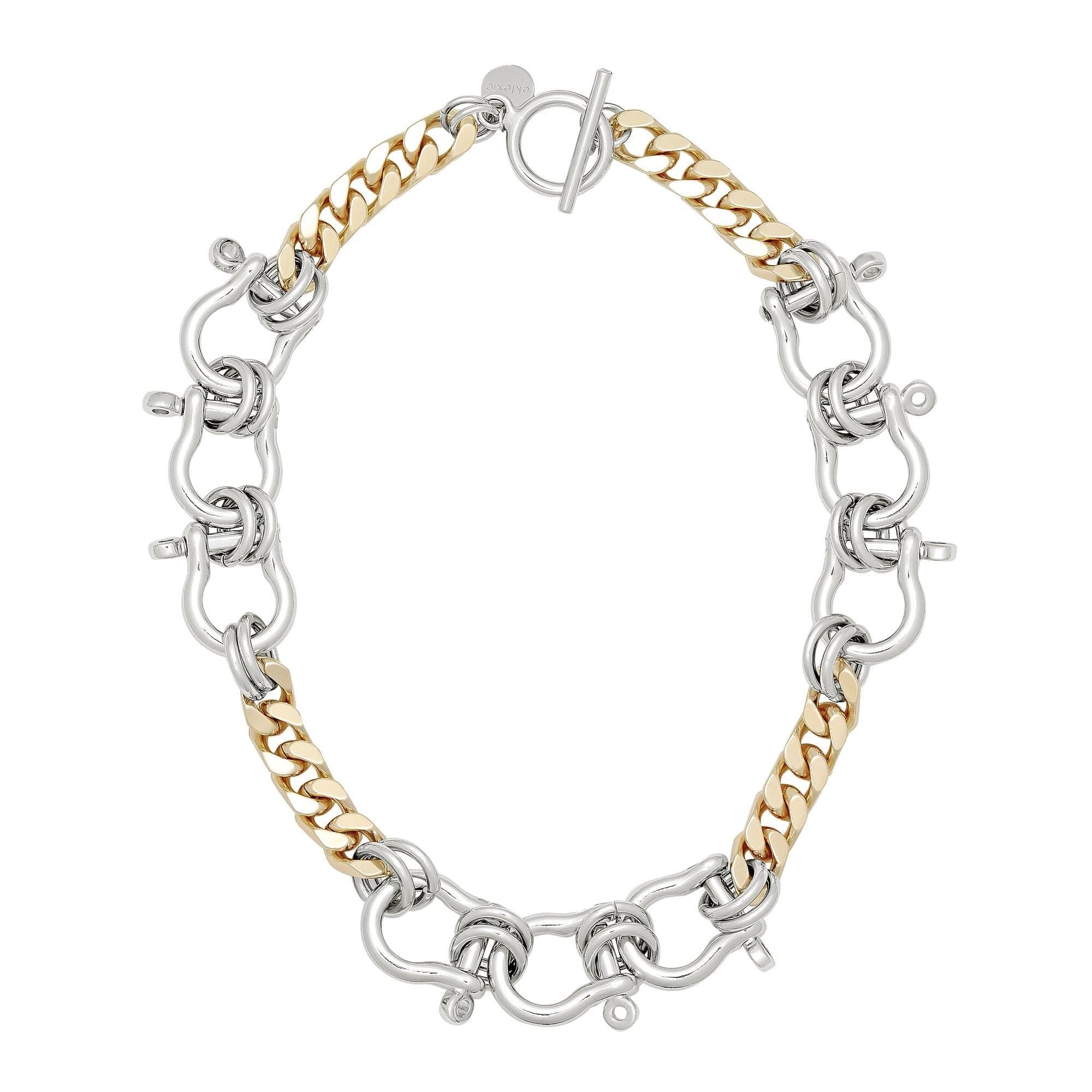 Two toned (gold and silver) Hendrick necklace with a toggle clasp and a curb chain design.