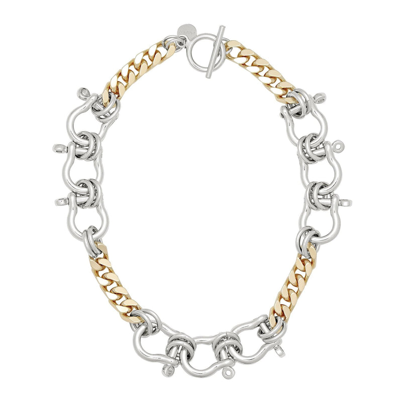 Two toned (gold and silver) Hendrick necklace with a toggle clasp and a curb chain design.