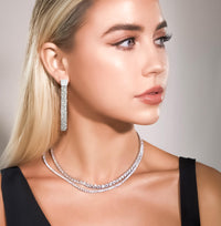 Woman wearing two B.Tiff 3mm Tennis Necklace