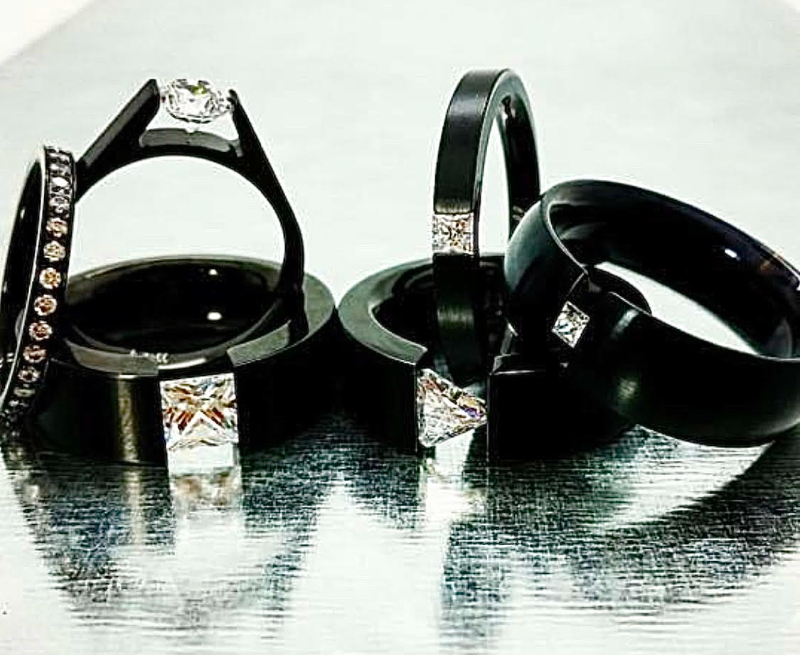 A view of all black B.Tiff Tension Black .75 ct Round Solitaire Engagement Ring