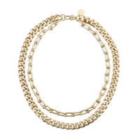 A two-layered gold-colored necklace with a curb chain and a cable link chain, featuring a custom clasp.