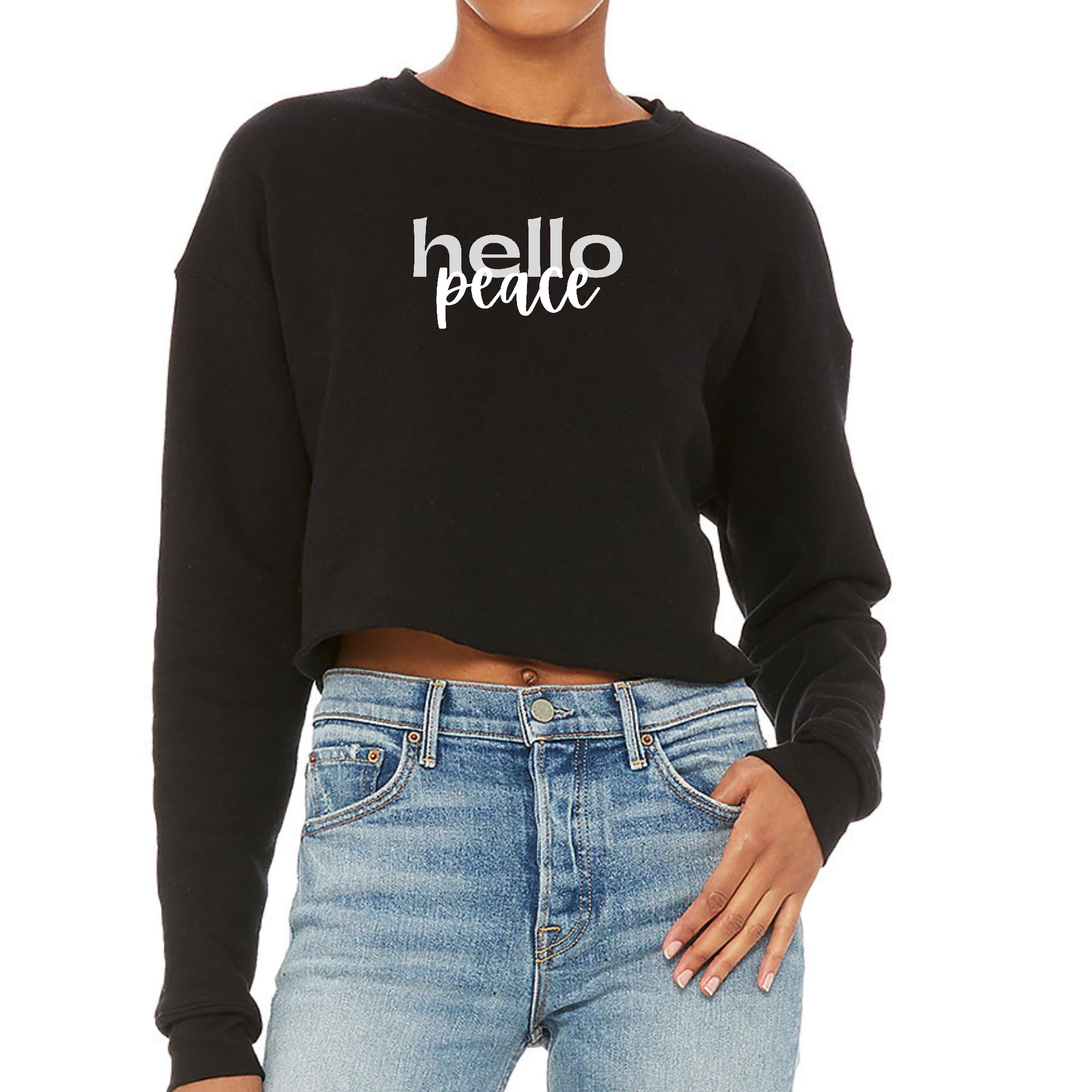 Womens Cropped Graphic Sweatshirt Hello Peace Motivational Peaceful