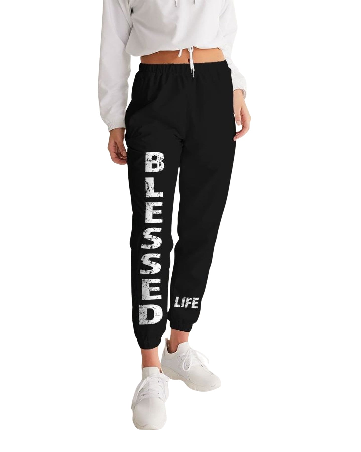 Womens Track Pants - Black and White Blessed Graphic Sports Pants