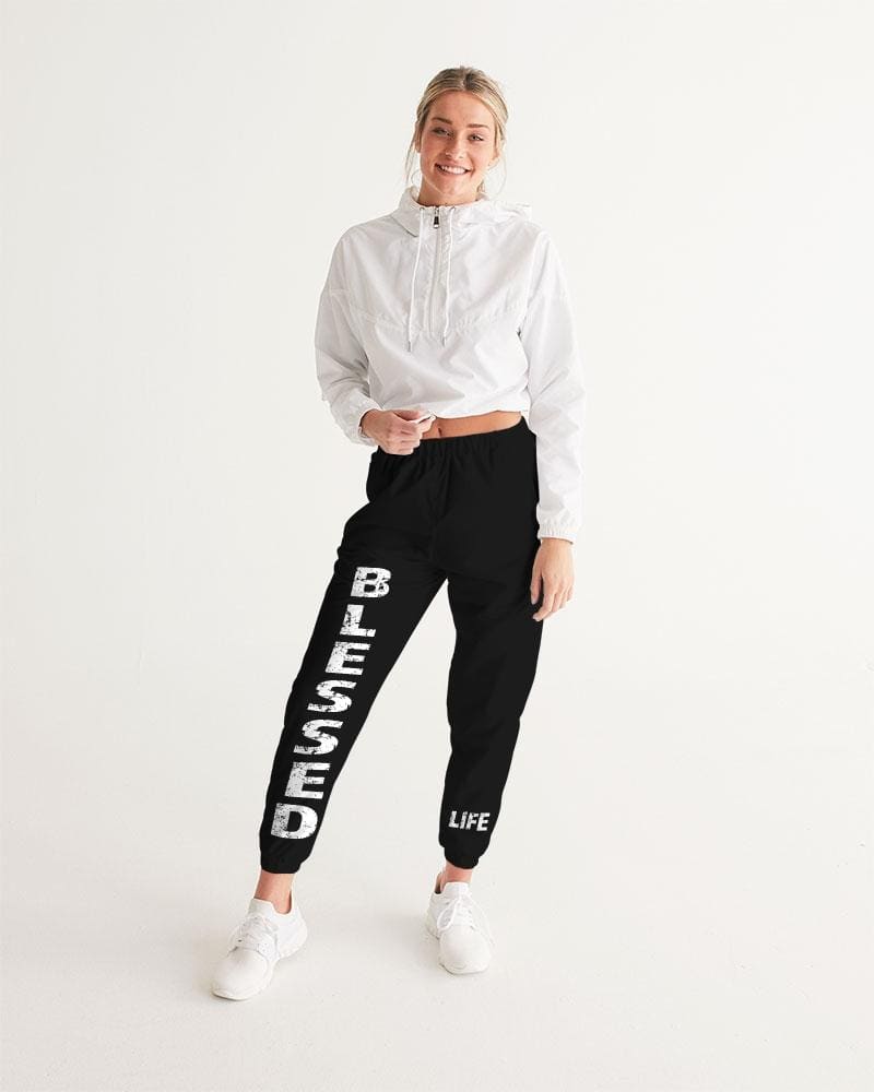 Womens Track Pants - Black and White Blessed Graphic Sports Pants